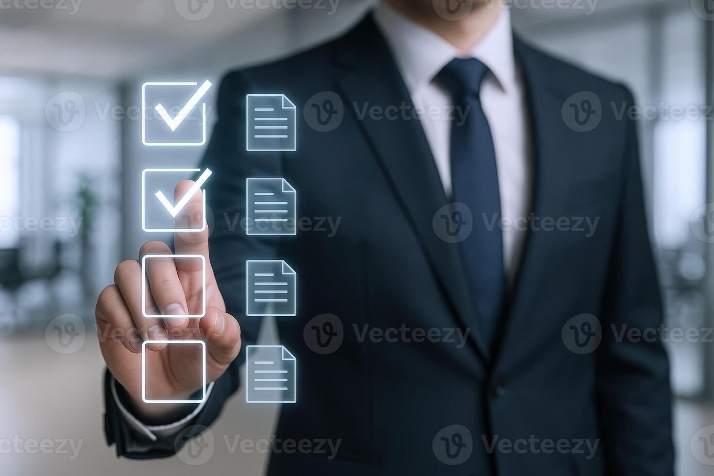 Businessman Pointing at Digital Checklist to Complete Tasks, Goals, and Objectives in an Office Environment photo