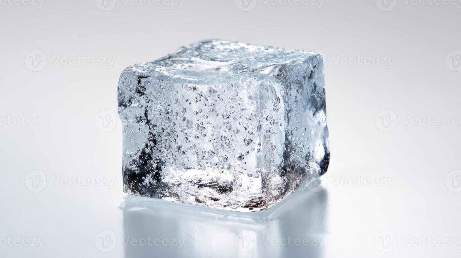 Single Ice Cube on Reflective Surface Displaying Purity and Coldness for Refreshment Concepts photo