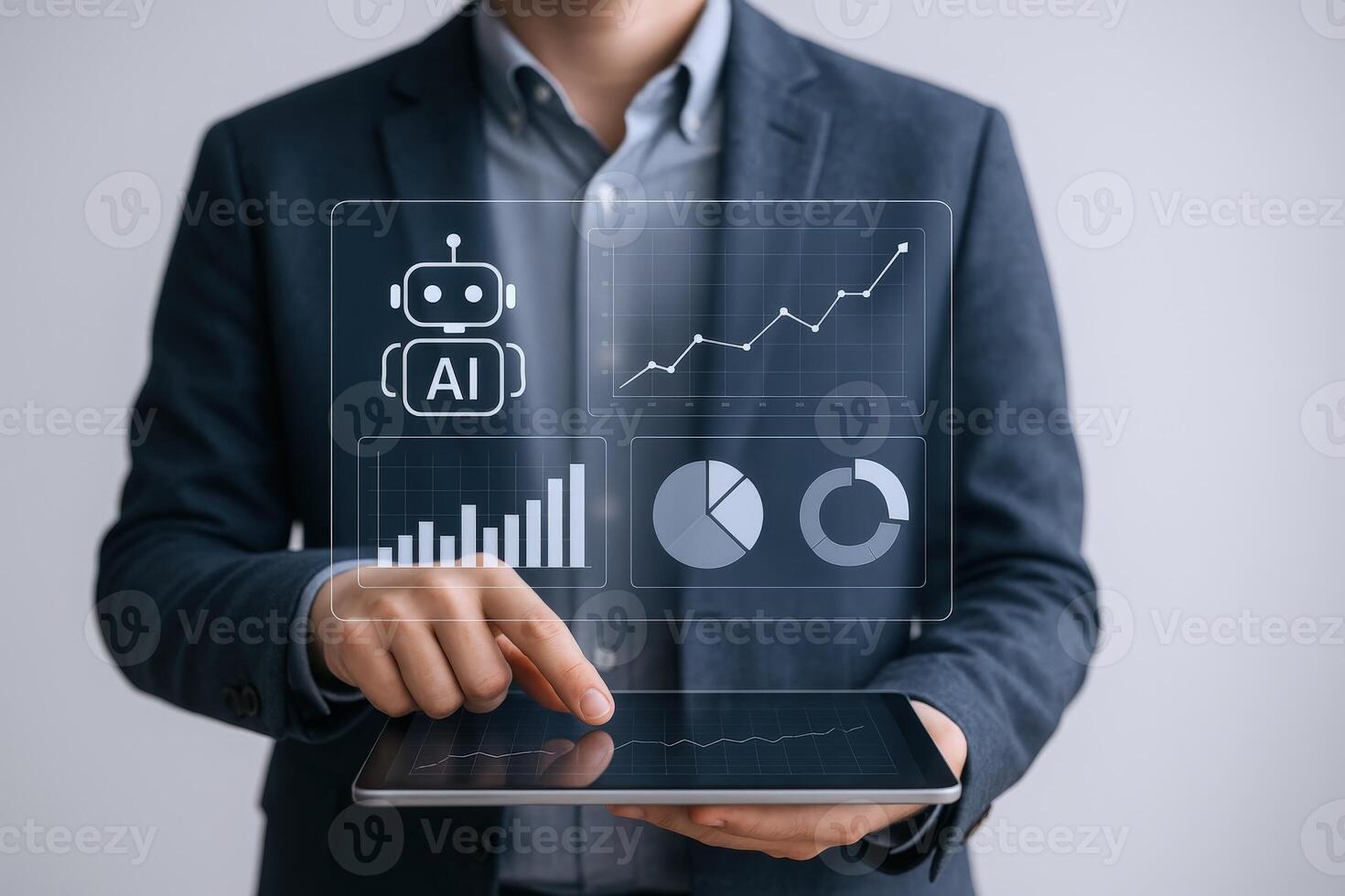 AI-Driven Business Intelligence Man Interacting with Data Visualization on Tablet for Strategic Decision Making photo