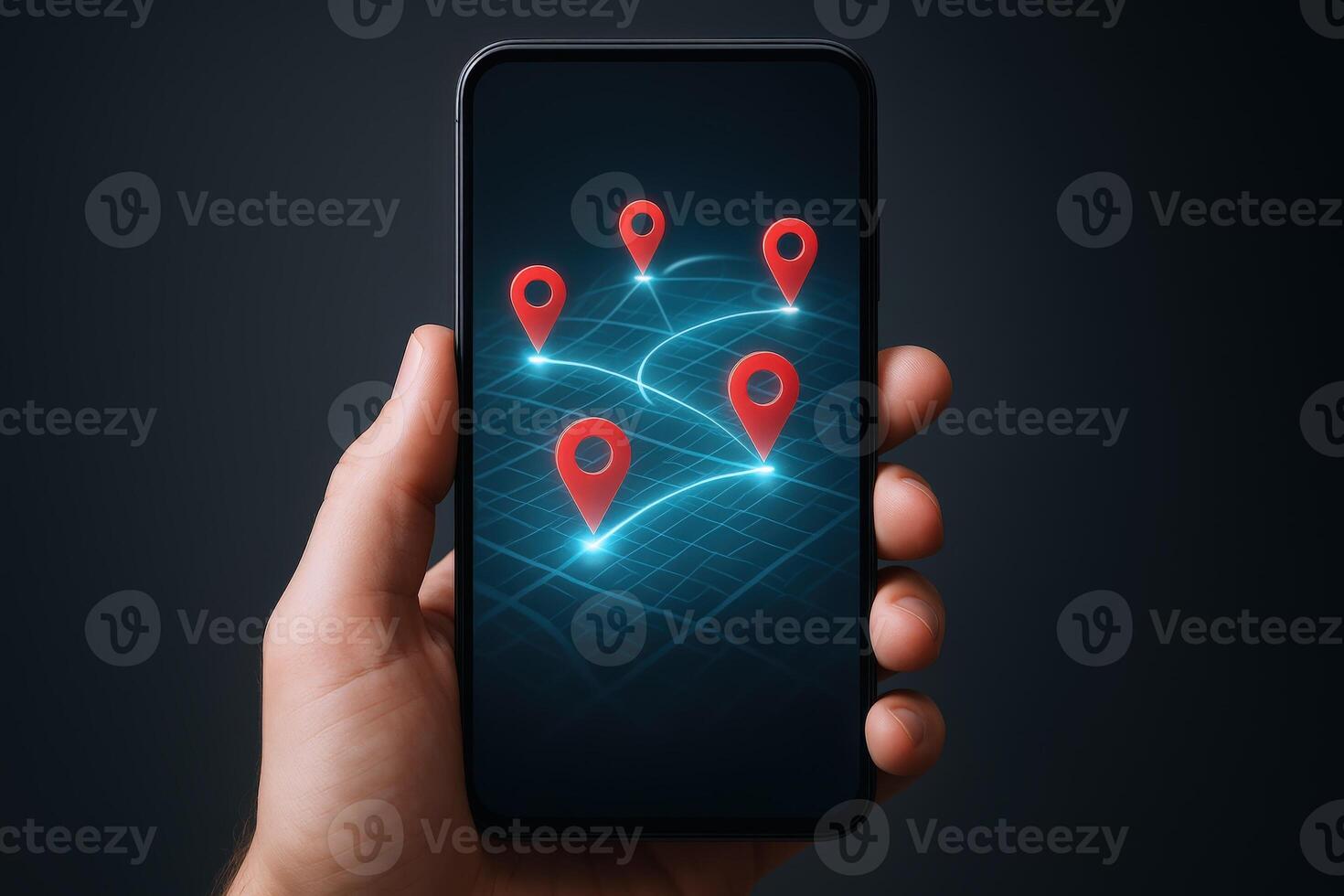 Smartphone Displaying Digital Network Map with Location Pins for Navigation and Global Connectivity photo