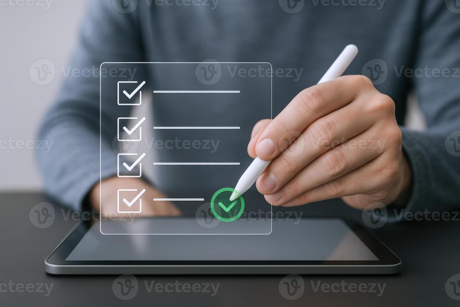 Digital Checklist on Tablet Hand Marking Tasks Complete with Stylus for Efficient Workflow photo