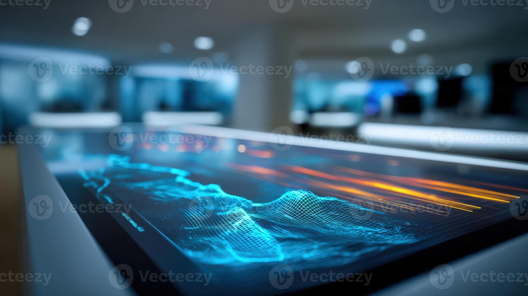 Interactive Touchscreen Display with Data Visualization in Modern Office Lobby for Corporate Presentation photo