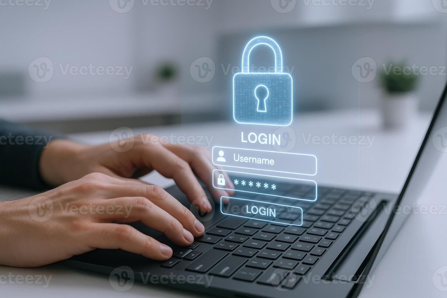 Hands Typing on Laptop with Digital Security Interface Overlay for Secure Online Access photo