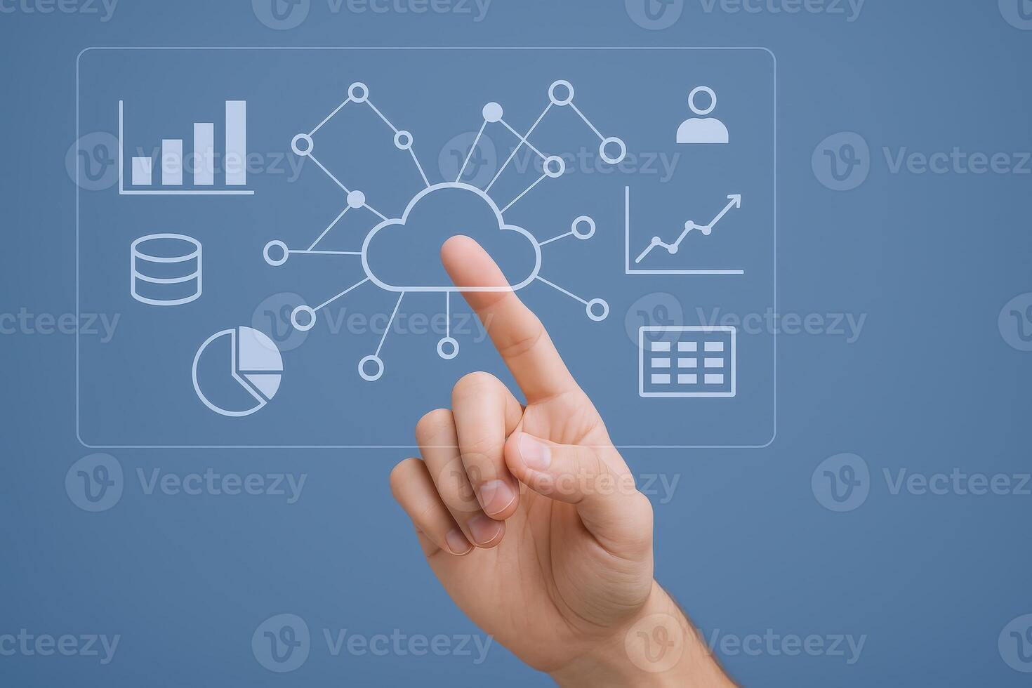 Cloud Computing Interface with Hand Pointing on Digital Screen for Business Data Visualization and Analytics photo