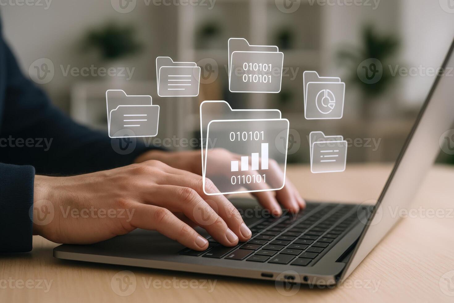 Business professional using laptop with digital document management system to automate files and database organization photo