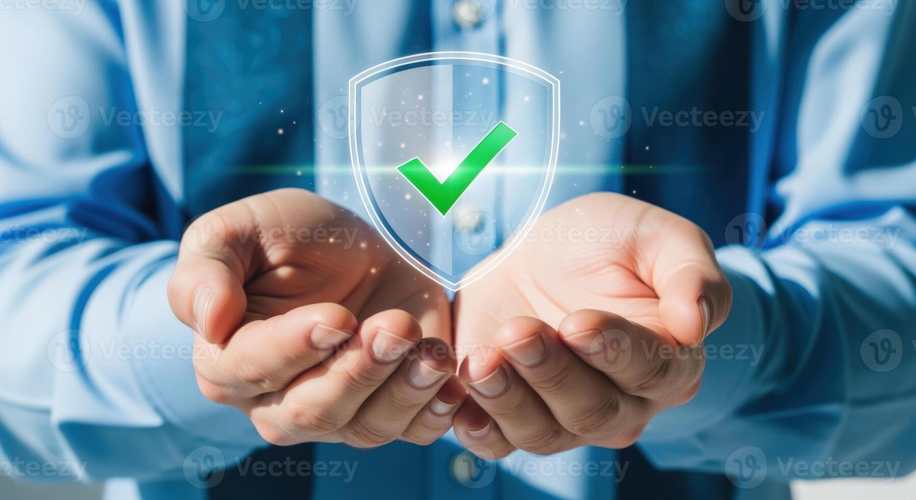 Hands Presenting Shield with Check Mark Symbolizing Security, Protection, and Verification in Digital Era photo