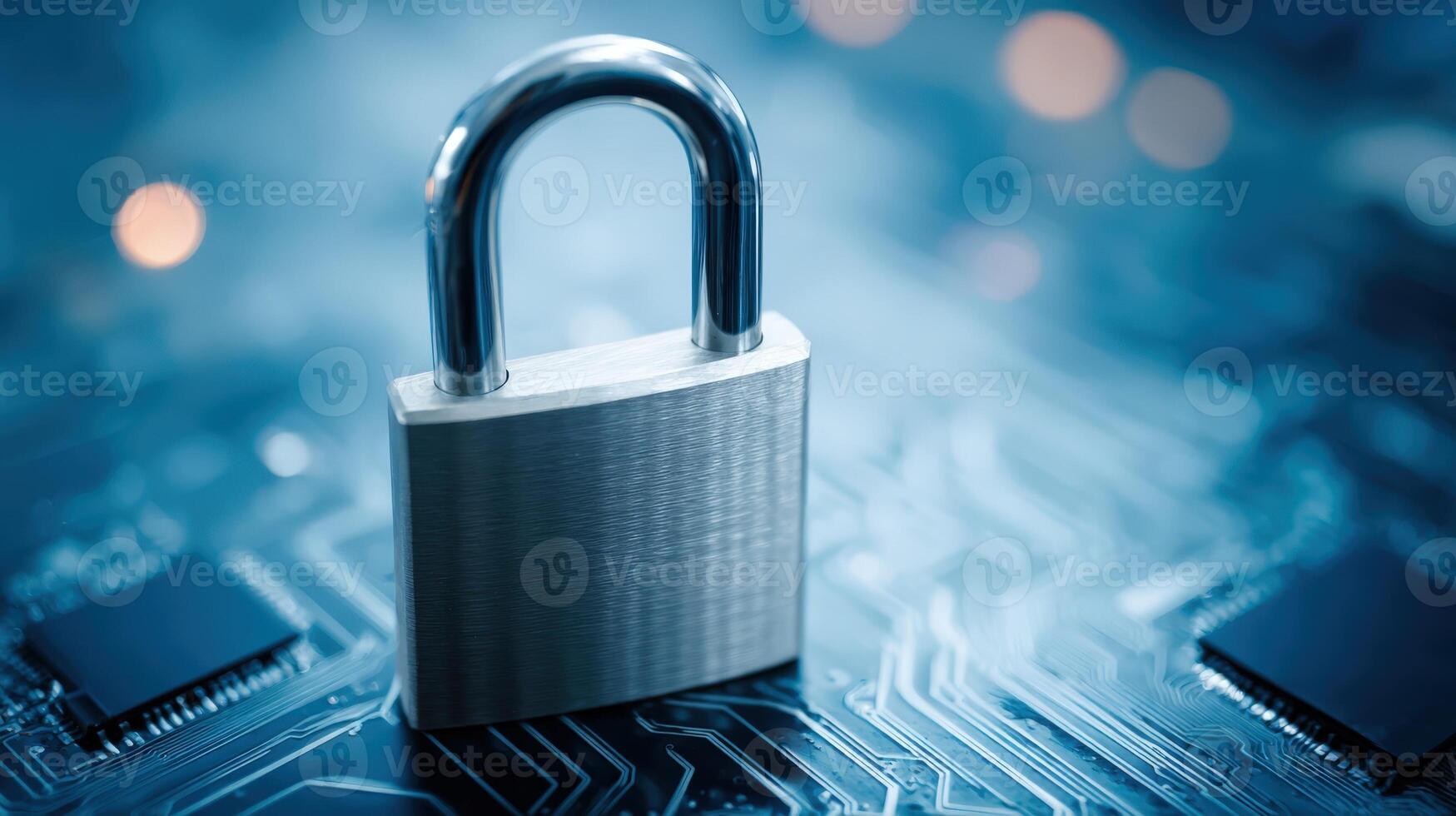 Cybersecurity Concept Padlock Securing Digital Data on a Circuit Board, Representing Data Protection and Online Safety photo