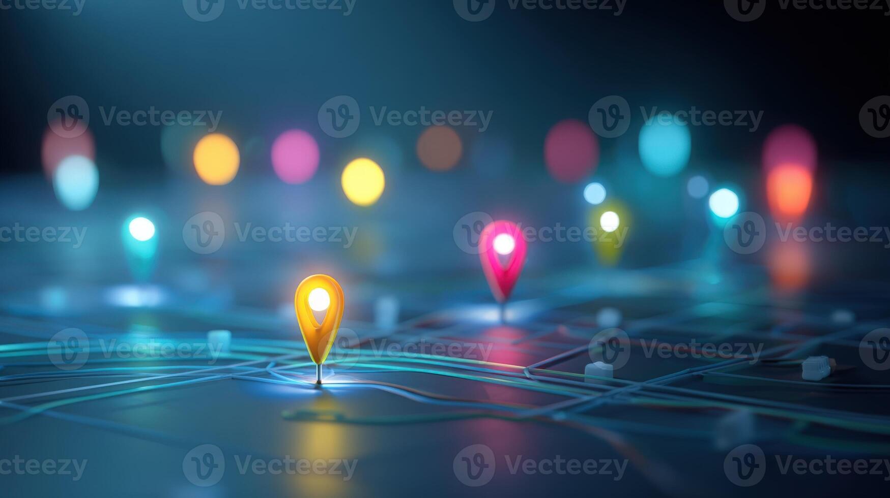 Location Pins on Abstract Map Global Network Connection, Navigation Technology, and Worldwide Business photo