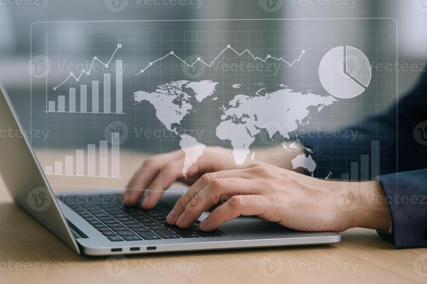 Data Analysis Visualization Businessman Analyzing Worldwide Statistics and Financial Trends on Laptop with Overlay Graphics photo