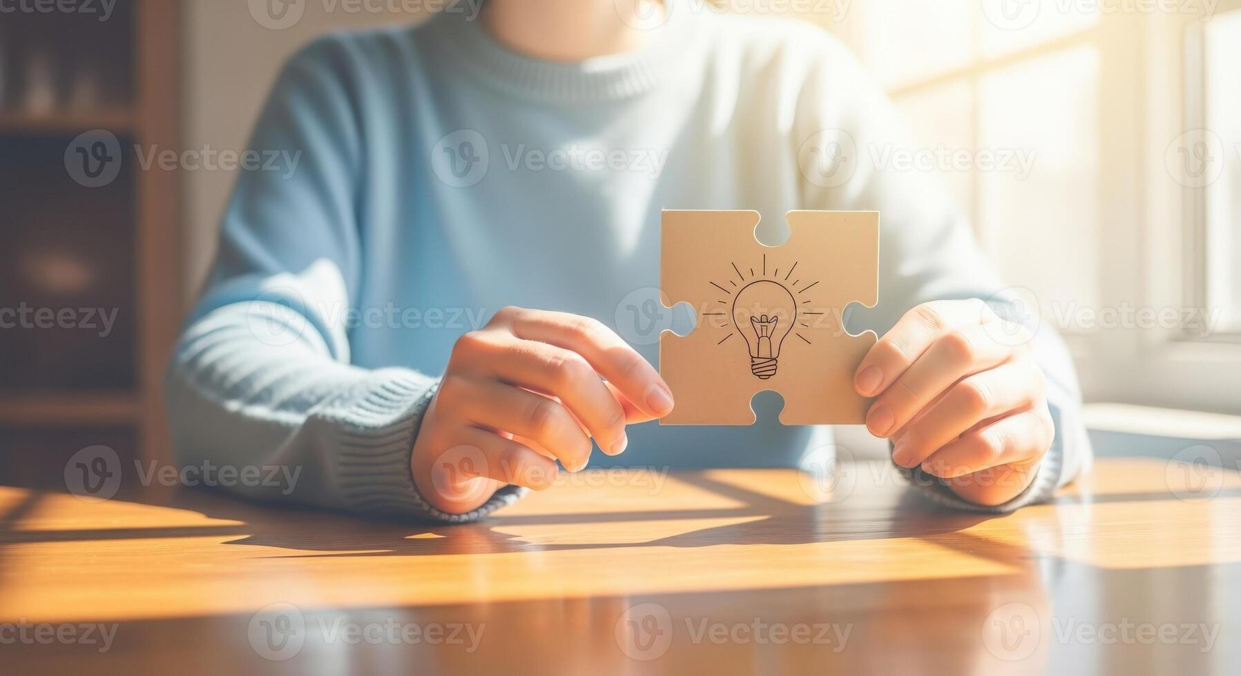 Woman Holding Puzzle Piece with Lightbulb Concept of Solution, Idea, and Problem Solving photo