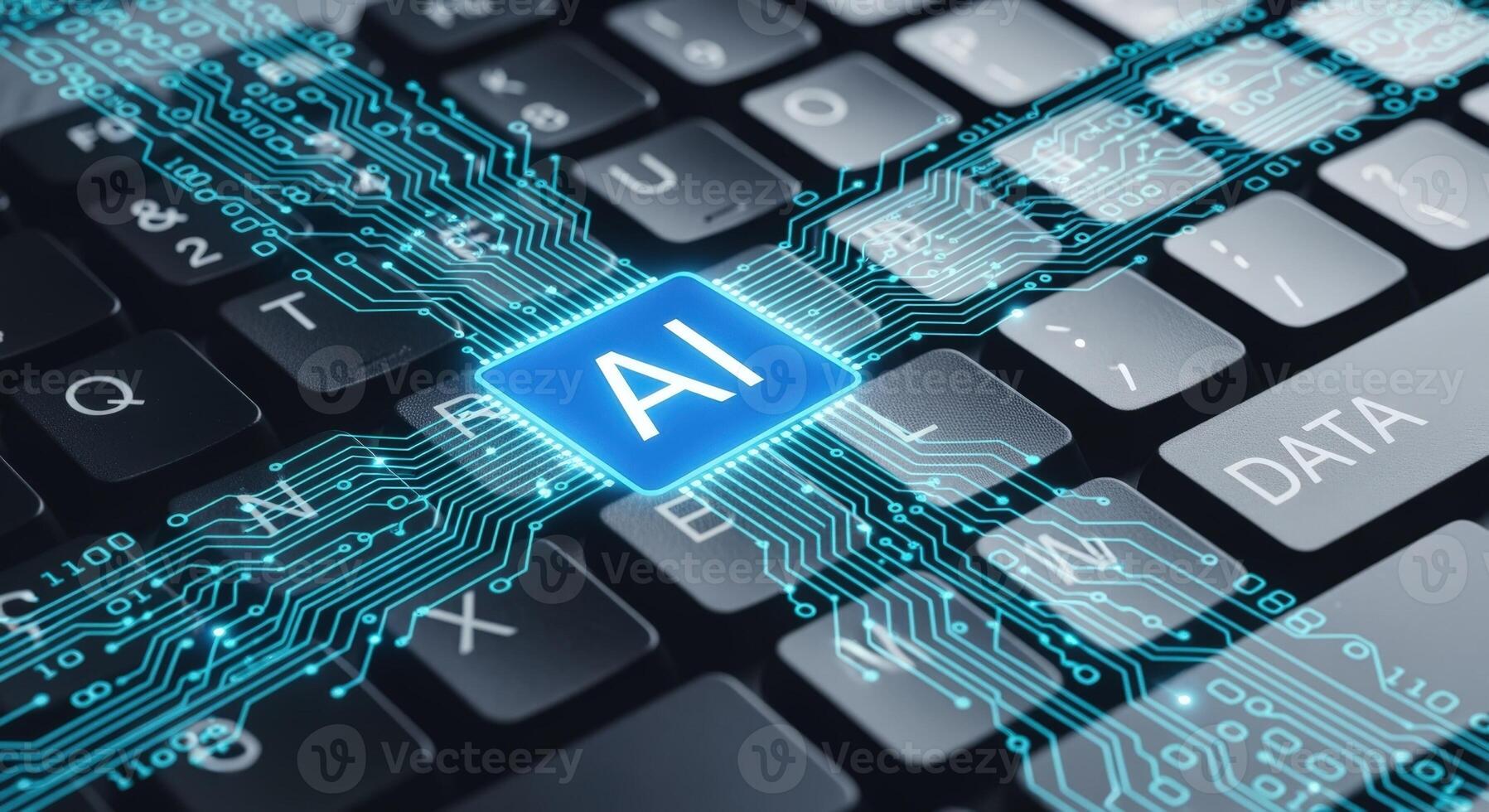 Artificial Intelligence Concept Close-up of Keyboard with AI Chip, Representing Modern Technology and Data Processing photo