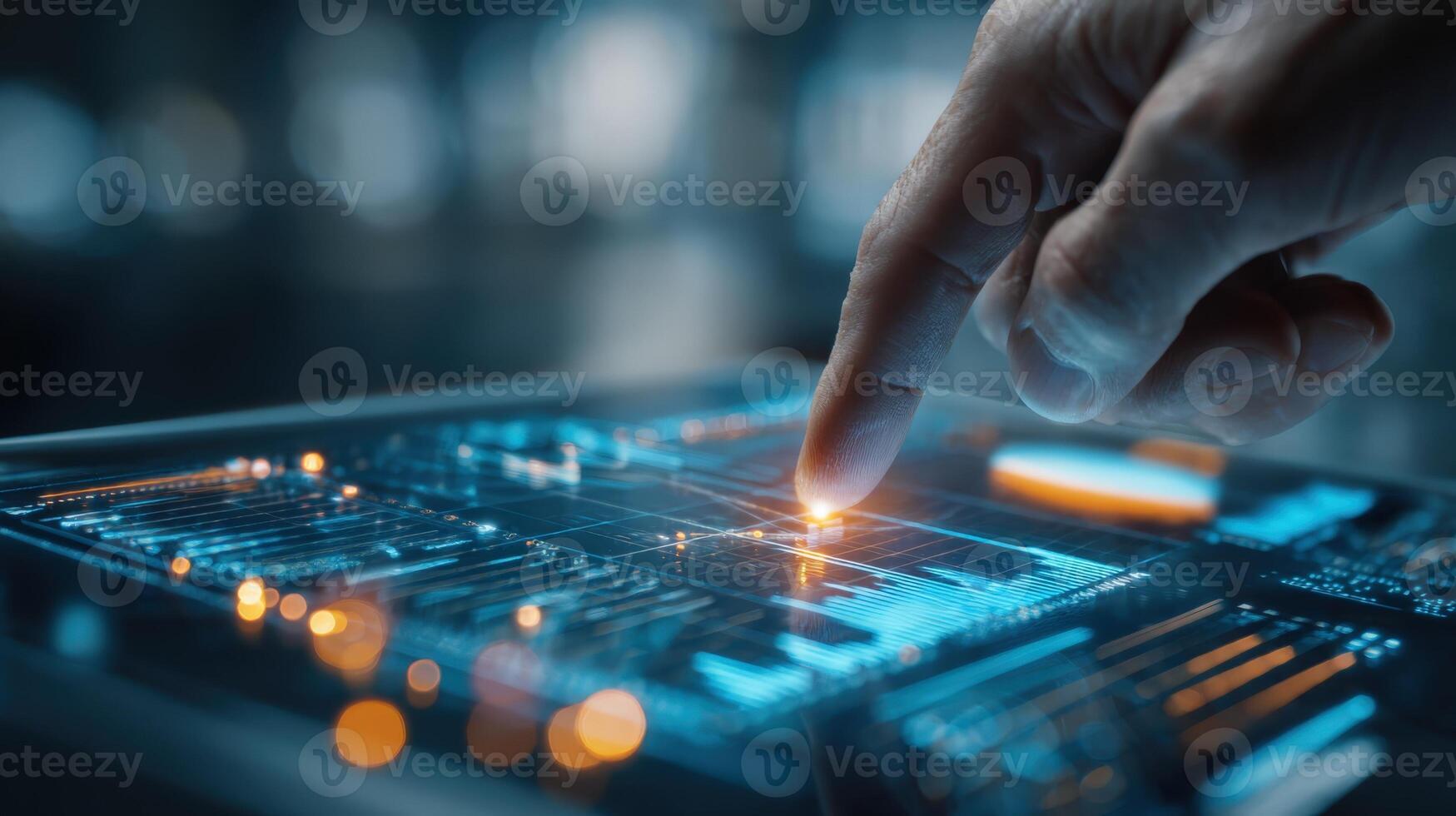 Advanced Technology Interface Finger Interacting with Futuristic Digital Display for AI, Data Analytics, and Cybersecurity photo