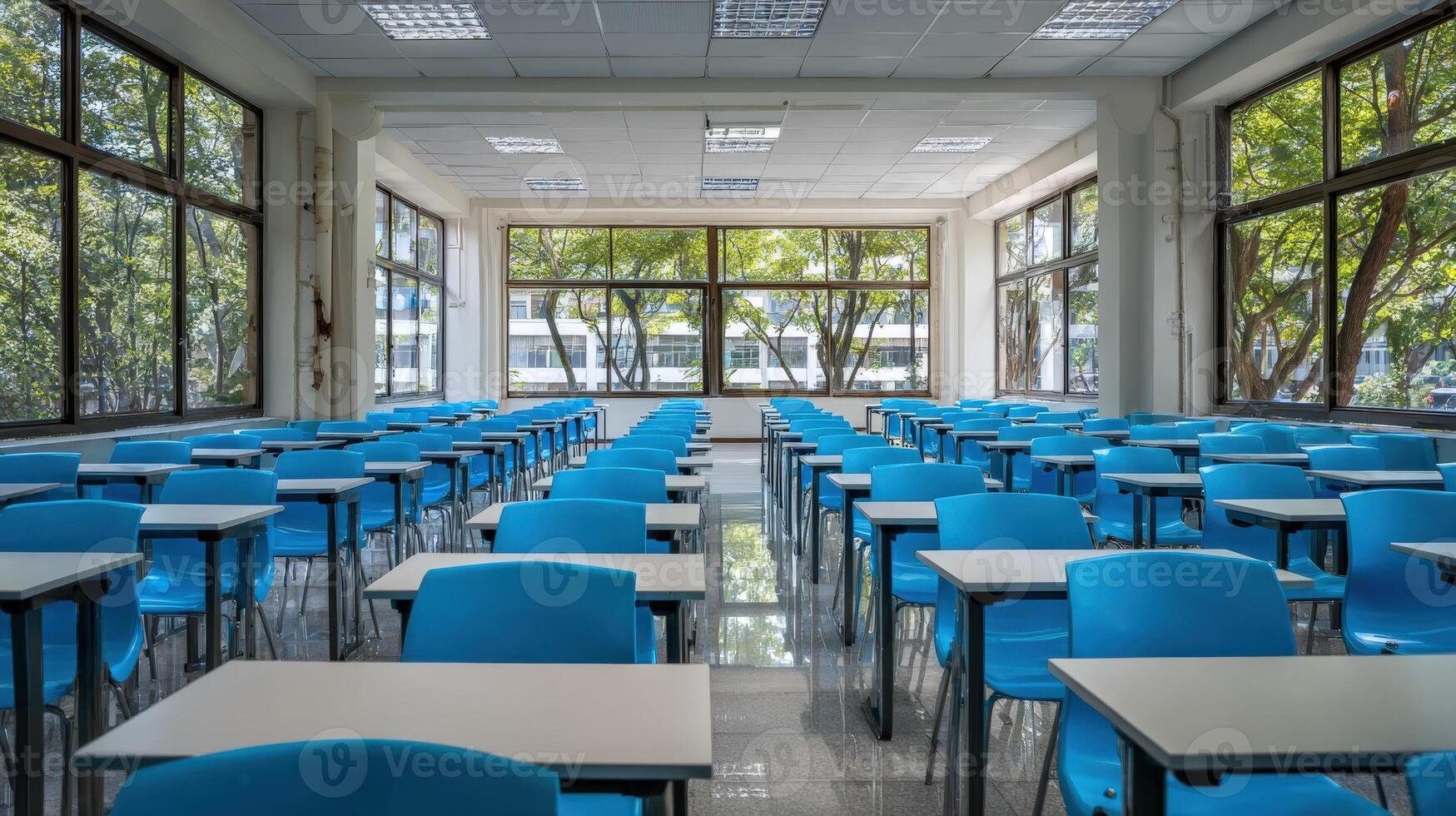 Bright Empty Classroom with Rows of Blue Chairs and Desks Ready for Students photo