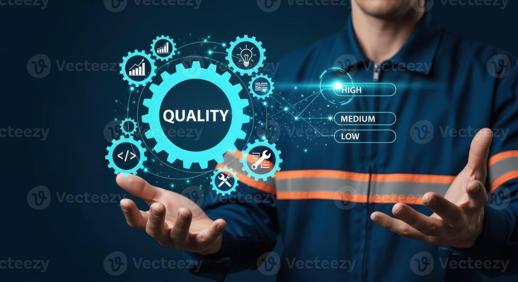 Quality Control System Technician Demonstrating High Standards and Precision in Manufacturing Processes with Digital Interface photo