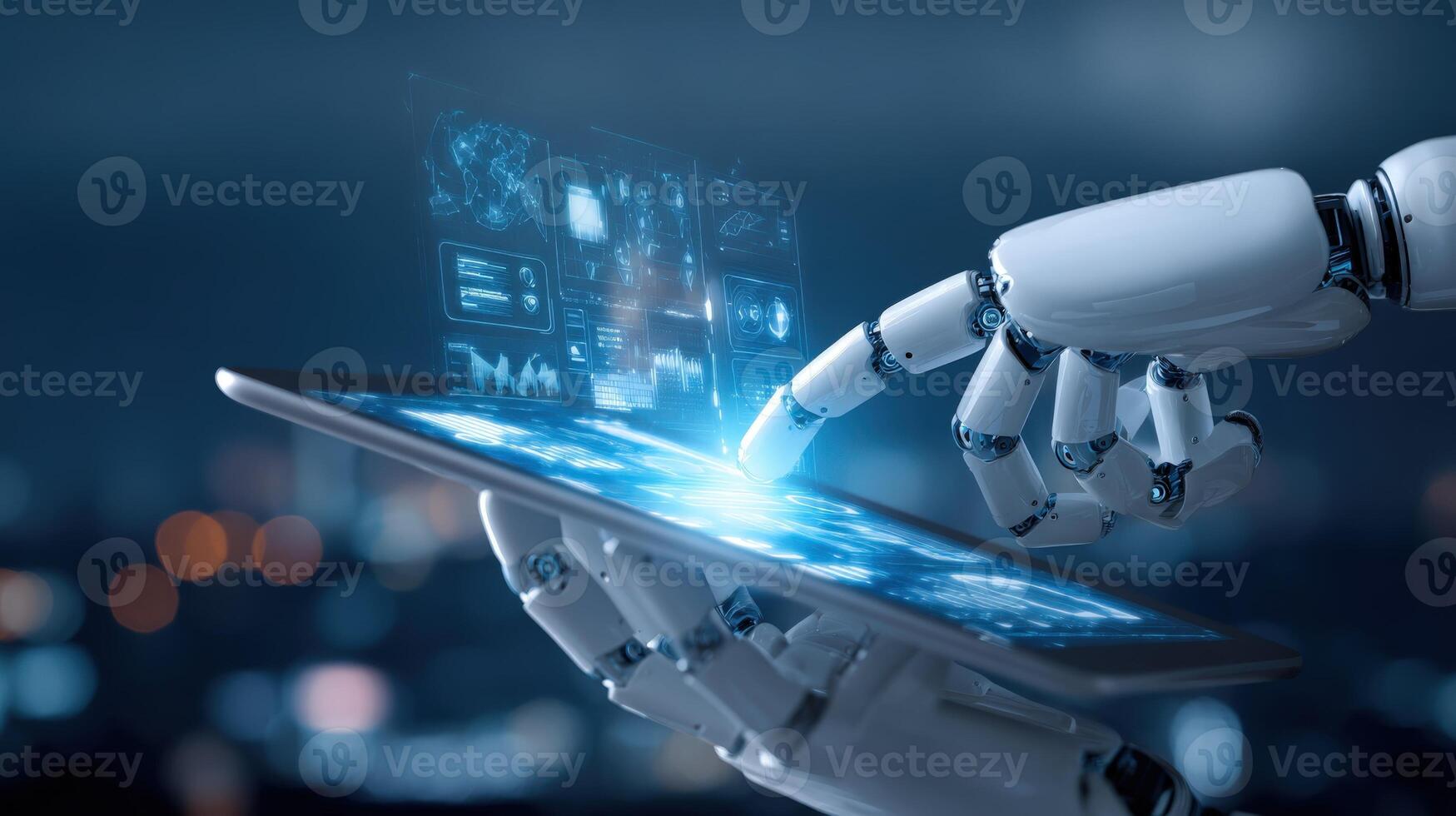 Robot Hand Interacting with Digital Tablet Screen Displaying Futuristic Data Visualization Interface, Artificial Intelligence Concept photo