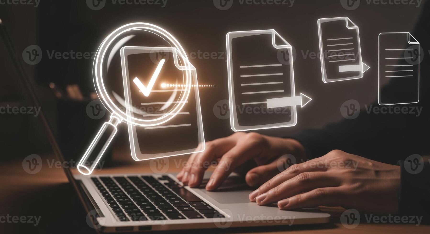 Document Verification Concept Man Typing on Laptop with Digital Checkmark and Magnifying Glass Overlay photo