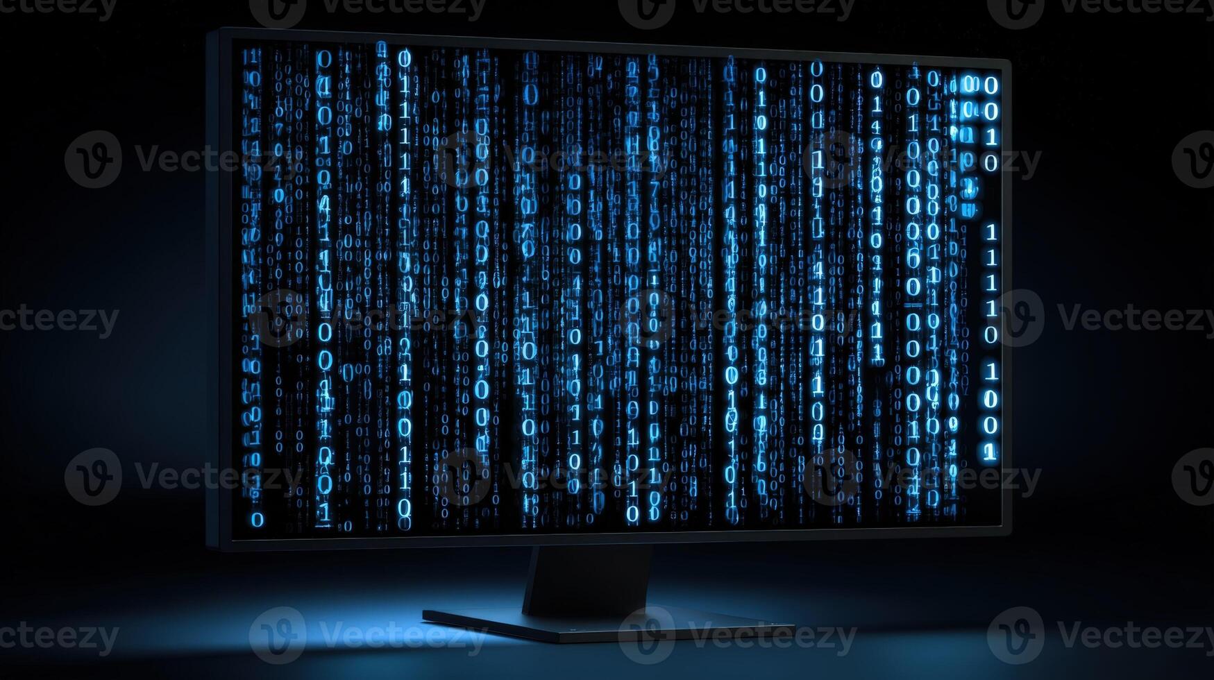 Computer Screen Displaying Digital Binary Code, Futuristic Technology Concept, Data Flowing, Cybersecurity, and Information Technology photo