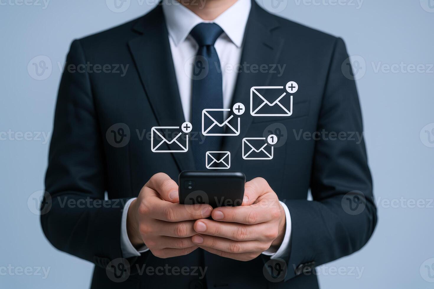 Businessman Using Smartphone Checking Messages with Email Icons Communication and Digital Technology Concept Image photo