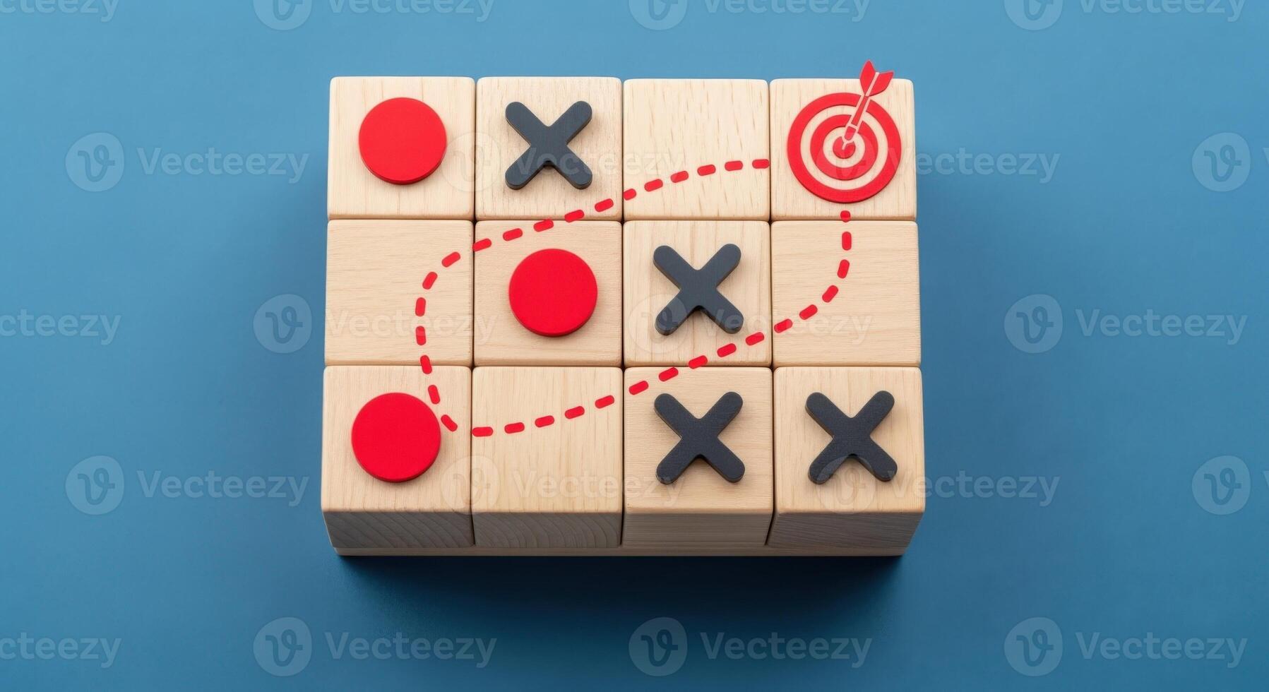Strategic Wooden Block Game Displaying Winning Solution on Blue Background, Showcasing Business Planning and Problem Solving photo