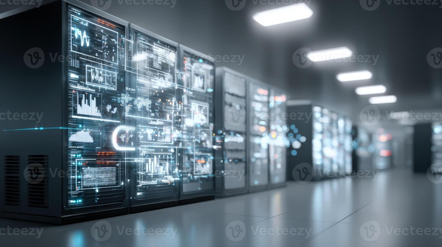 Data Center Server Room with Rack Servers and Digital Displays Visualizing Data Analytics photo