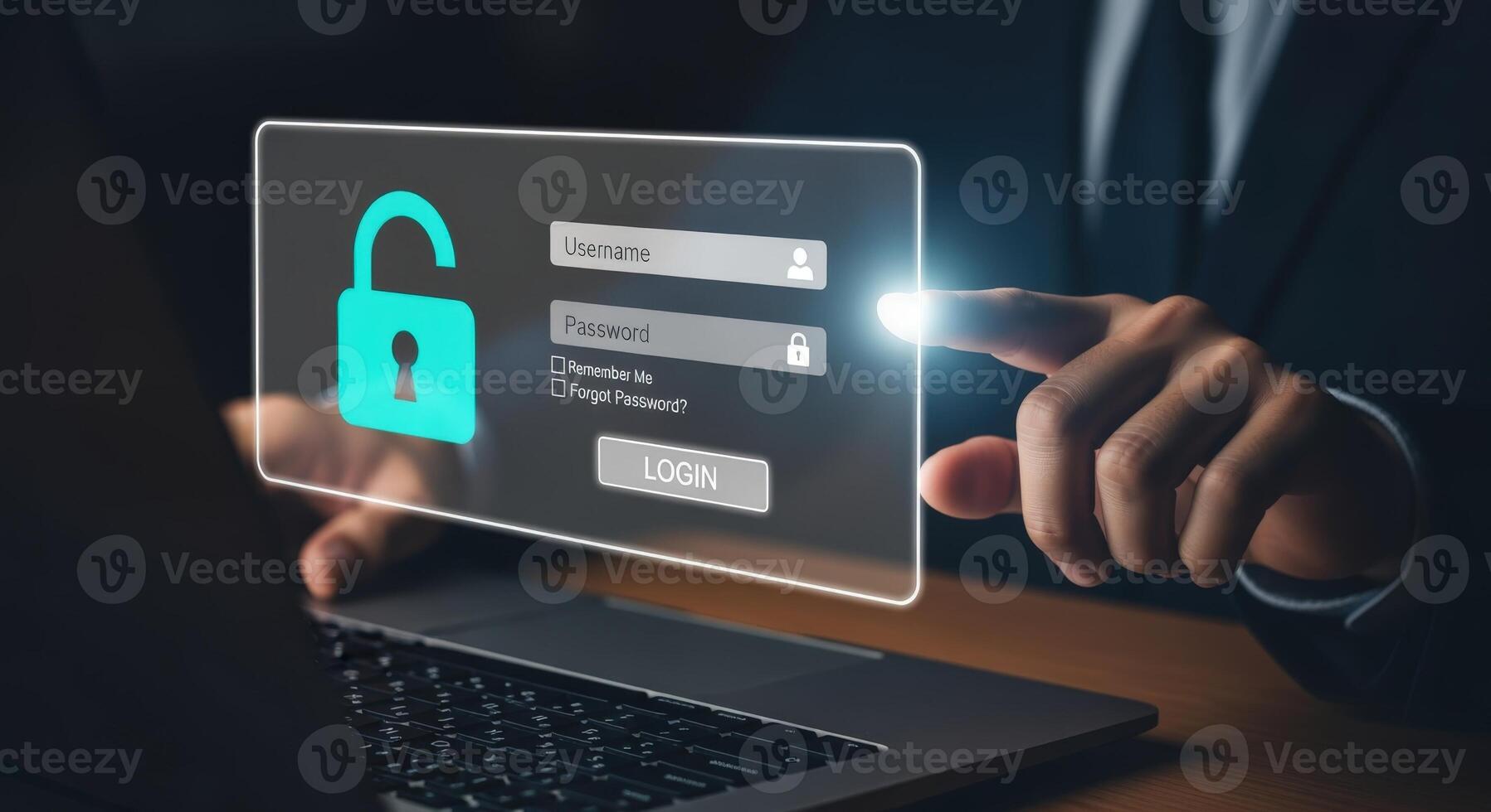Secure Login Interface with Open Padlock and Finger Pointing on Touch Screen for System Access photo