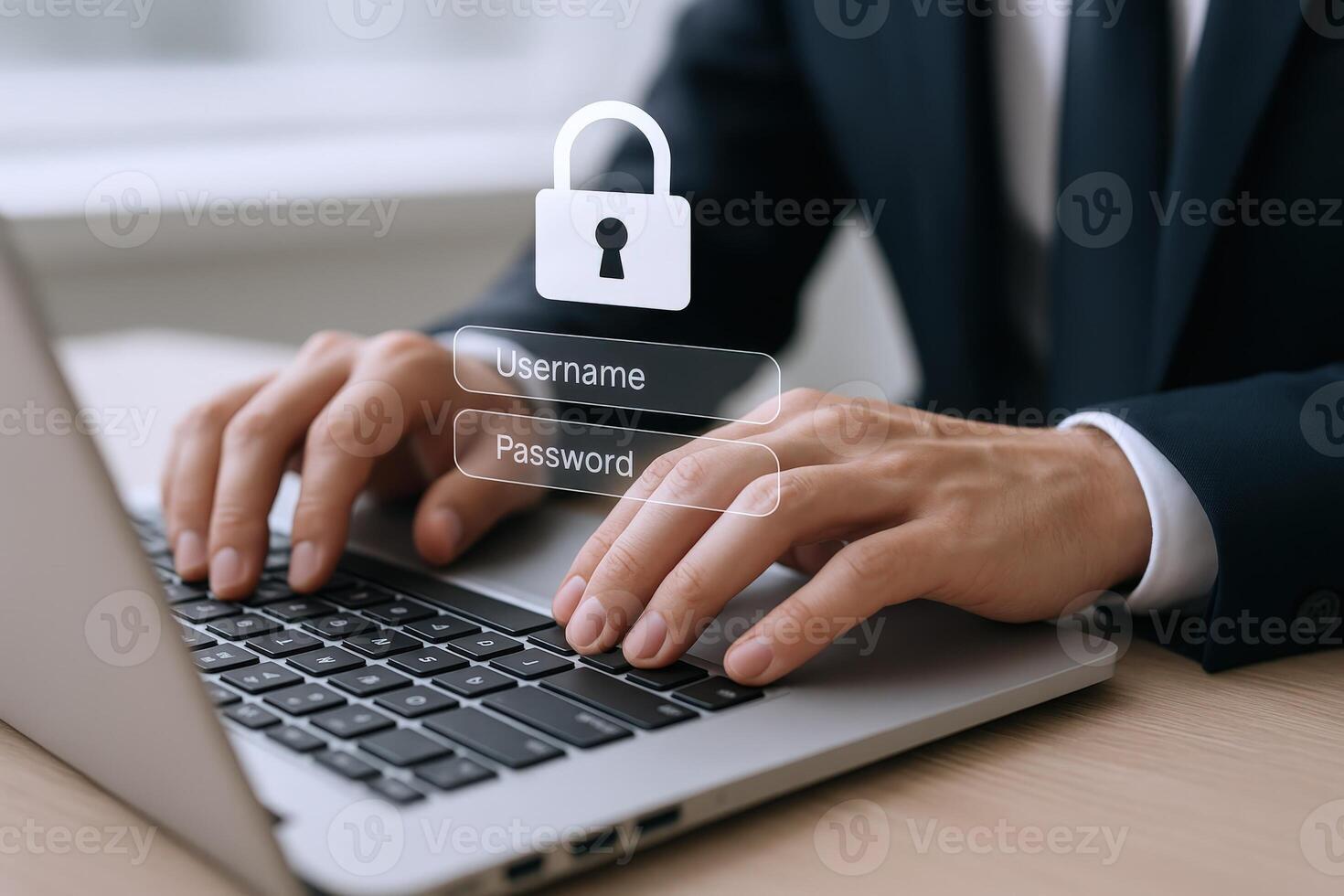 Data Security Businessman Typing on Laptop with Lock Overlay for Cybersecurity Concepts photo