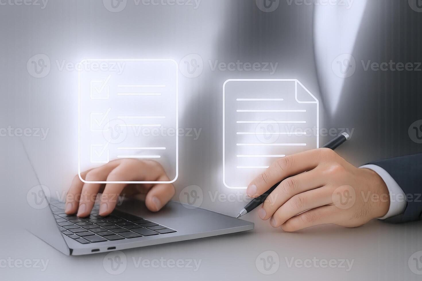 Digital Checklist and Document Review Man Working on Laptop with E-Signature and Verification photo