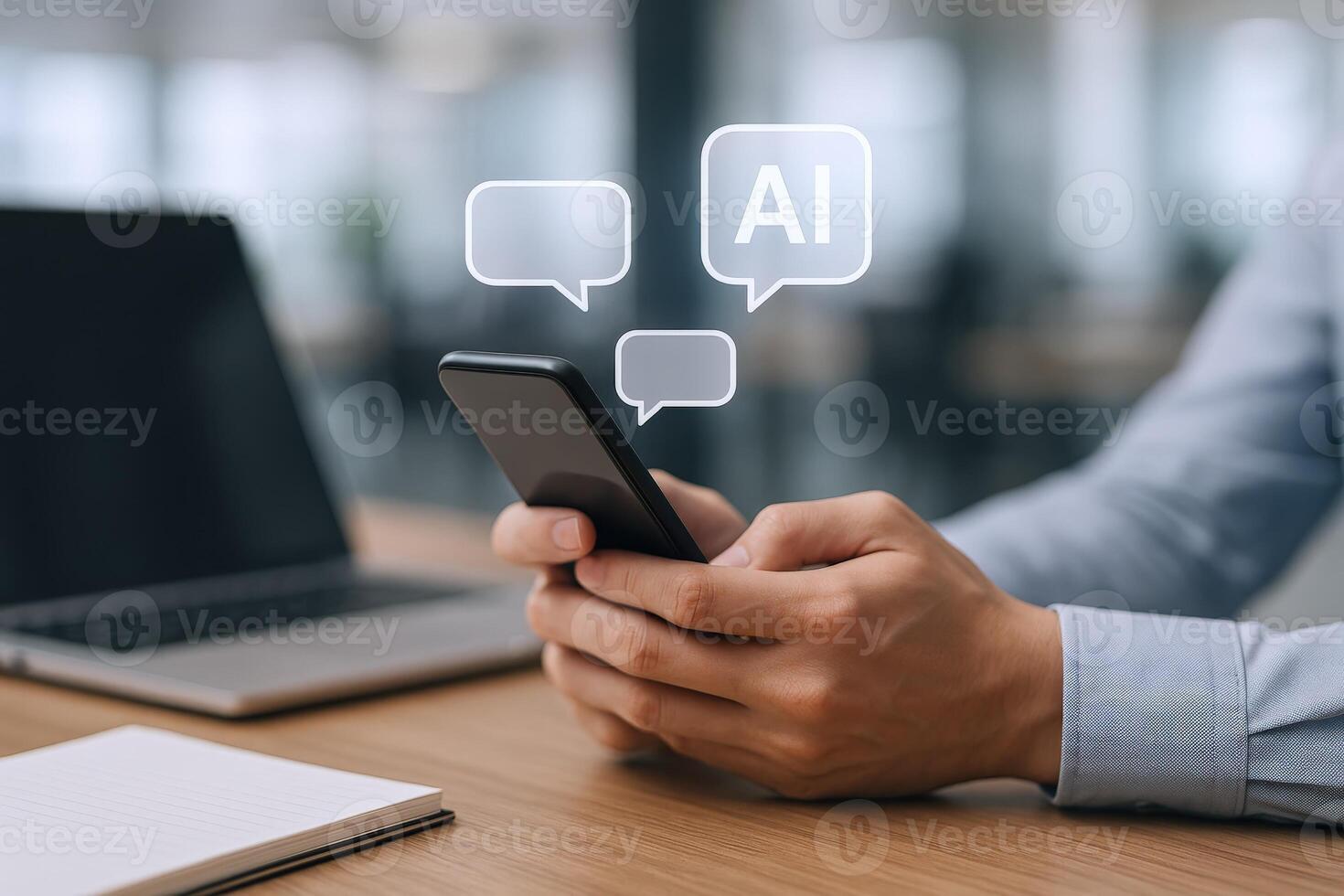 Person using AI Technology on Smartphone for Communication and Chatbot Application, Future Technology Concept photo