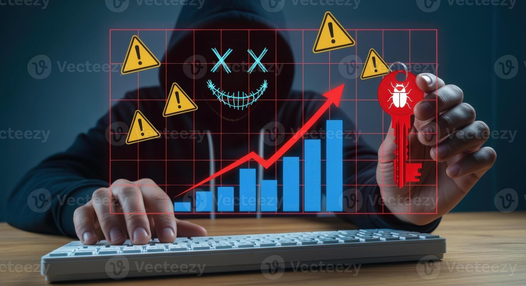 Hacker Exploiting Data and Security Weakness with Rising Chart and Warning Signs, Concept of Cybercrime and Security Threat photo