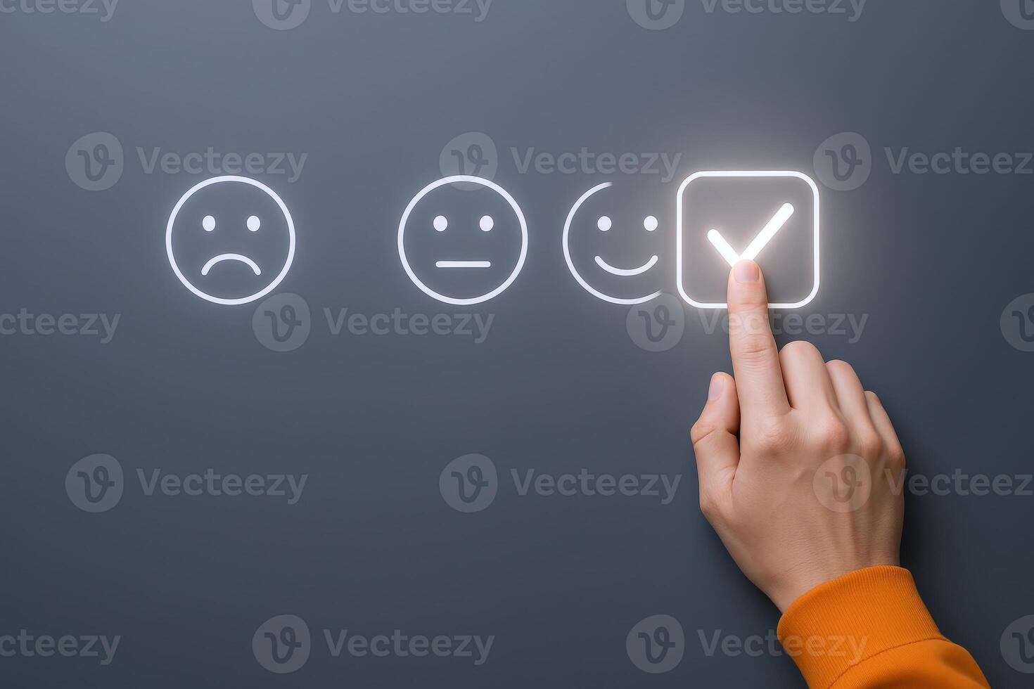 Customer Satisfaction Survey with Glowing Happy Face and Check Mark on Dark Background photo