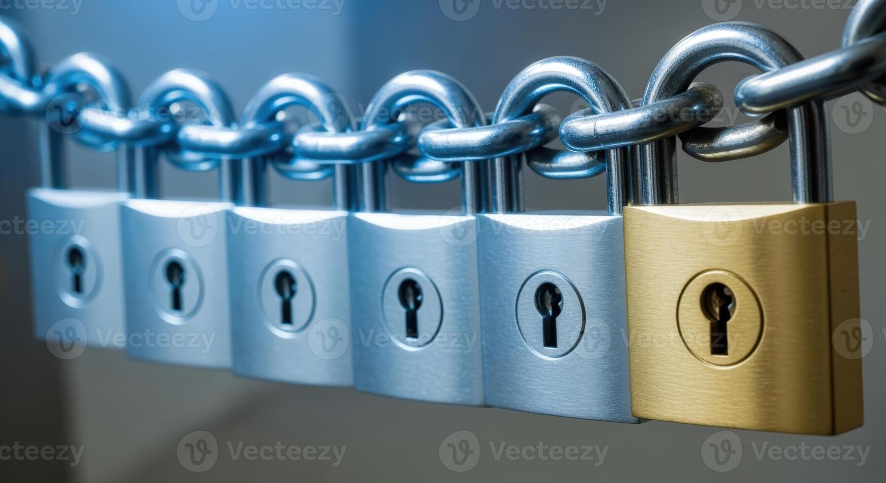 Chain of Padlocks with One Gold Lock Representing Security and Uniqueness in a Row photo