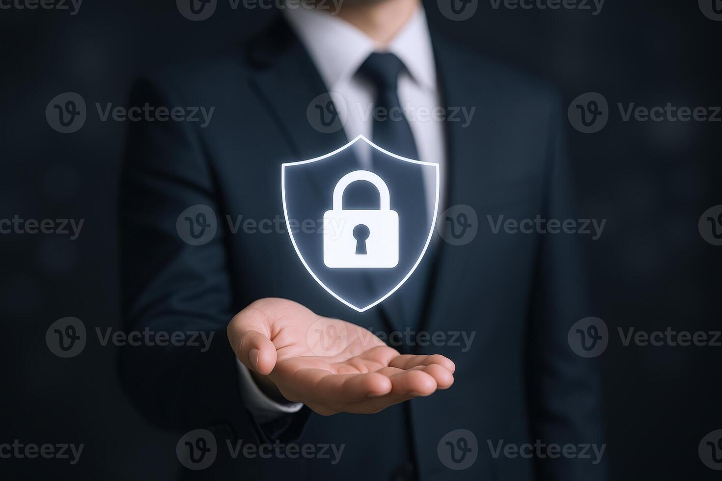 Businessman Protecting Data with Shield and Padlock Hologram Cybersecurity, Data Protection Concept photo