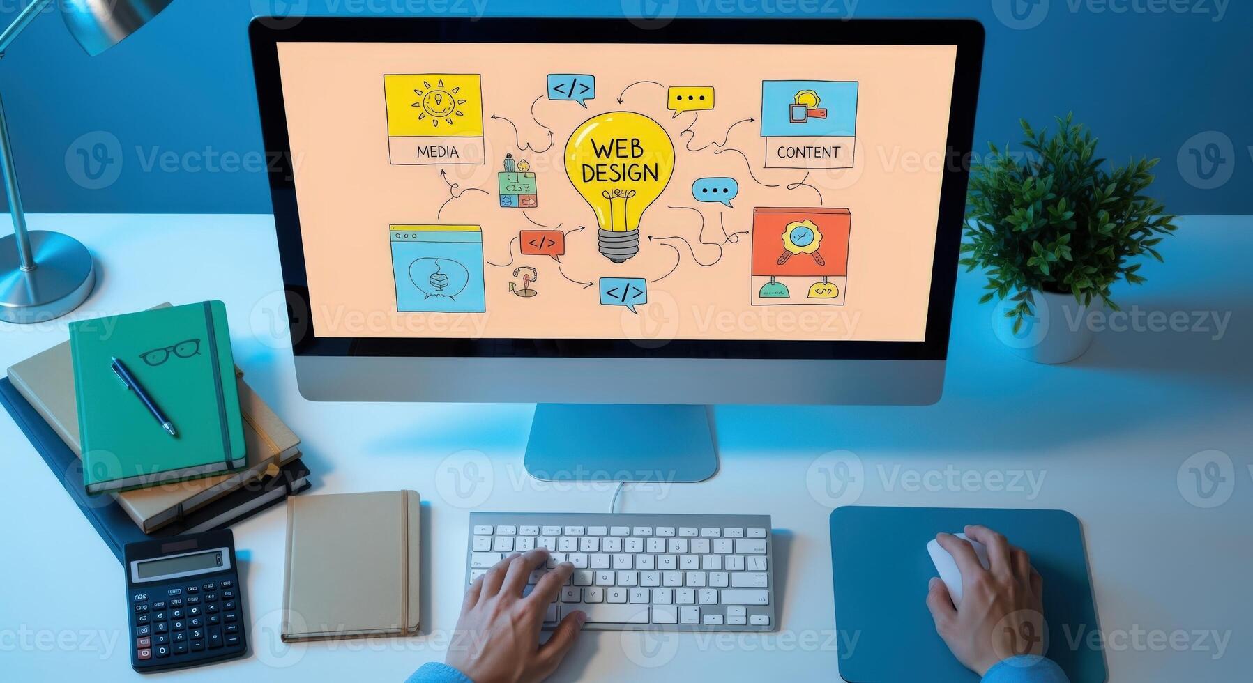 Web Design Concept on Computer Screen Displayed in Office Setting with Hands Typing photo