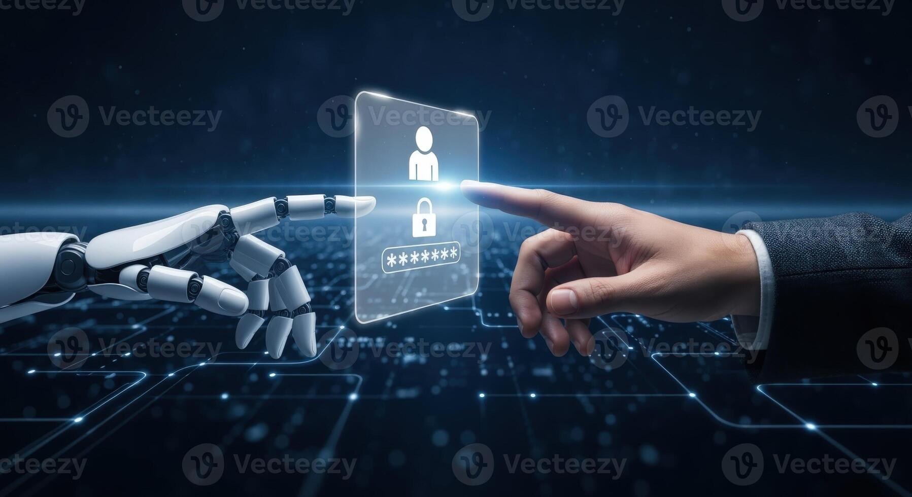 Human and AI Hand Touching Digital Interface Cybersecurity Concept with Futuristic Elements, Password Protection photo
