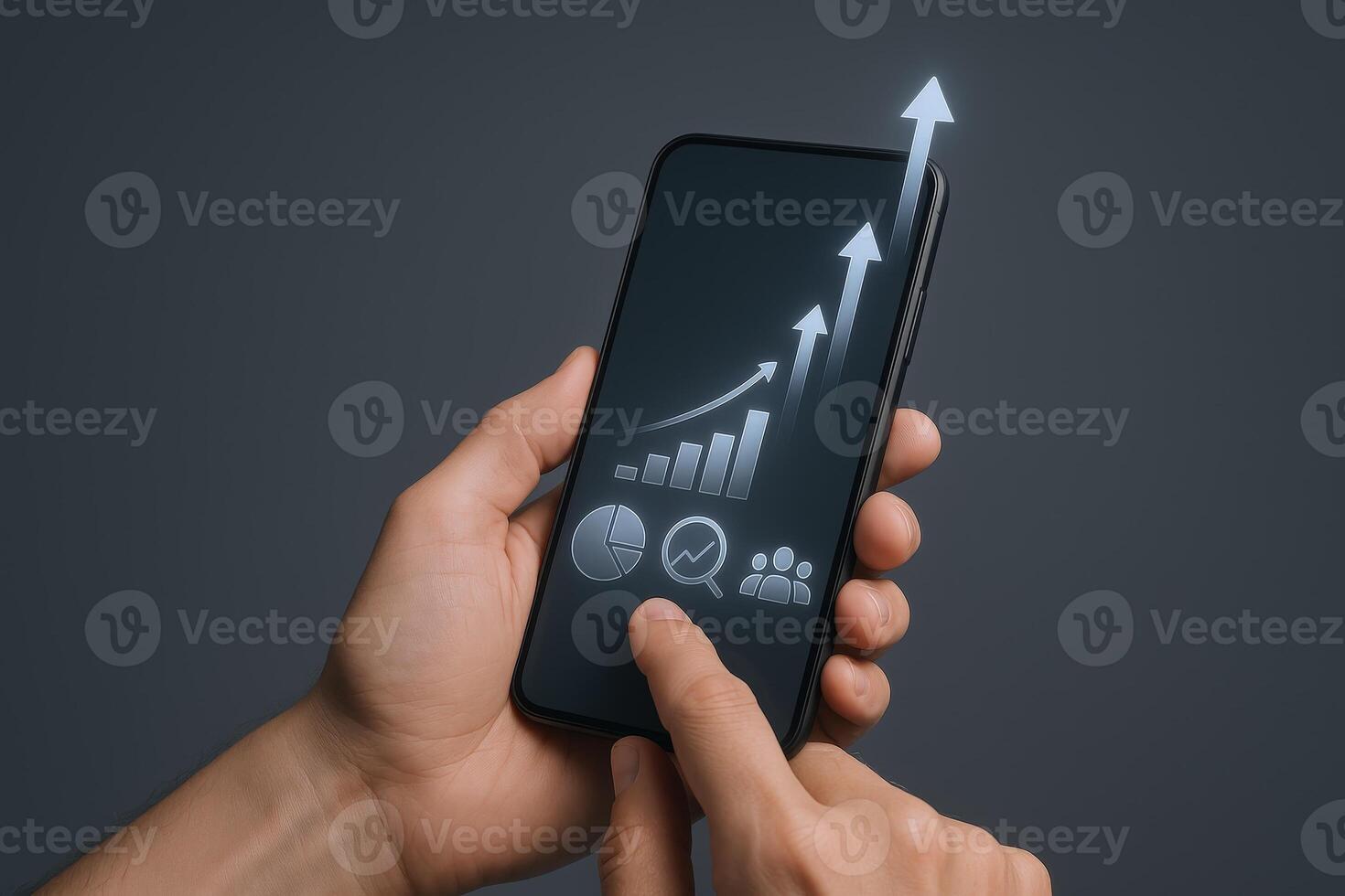 Smartphone Screen Displaying Positive Growth Graphs and Business Analytics with a Persons Hand Interacting with the Device photo