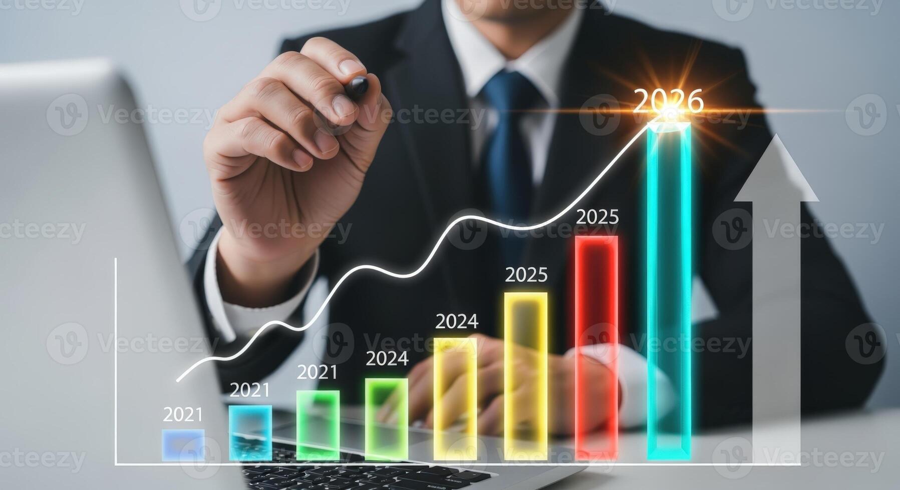 Business Growth Projection Man Analyzing Financial Data with Bar Chart Visualization and Upward Trend Arrow photo