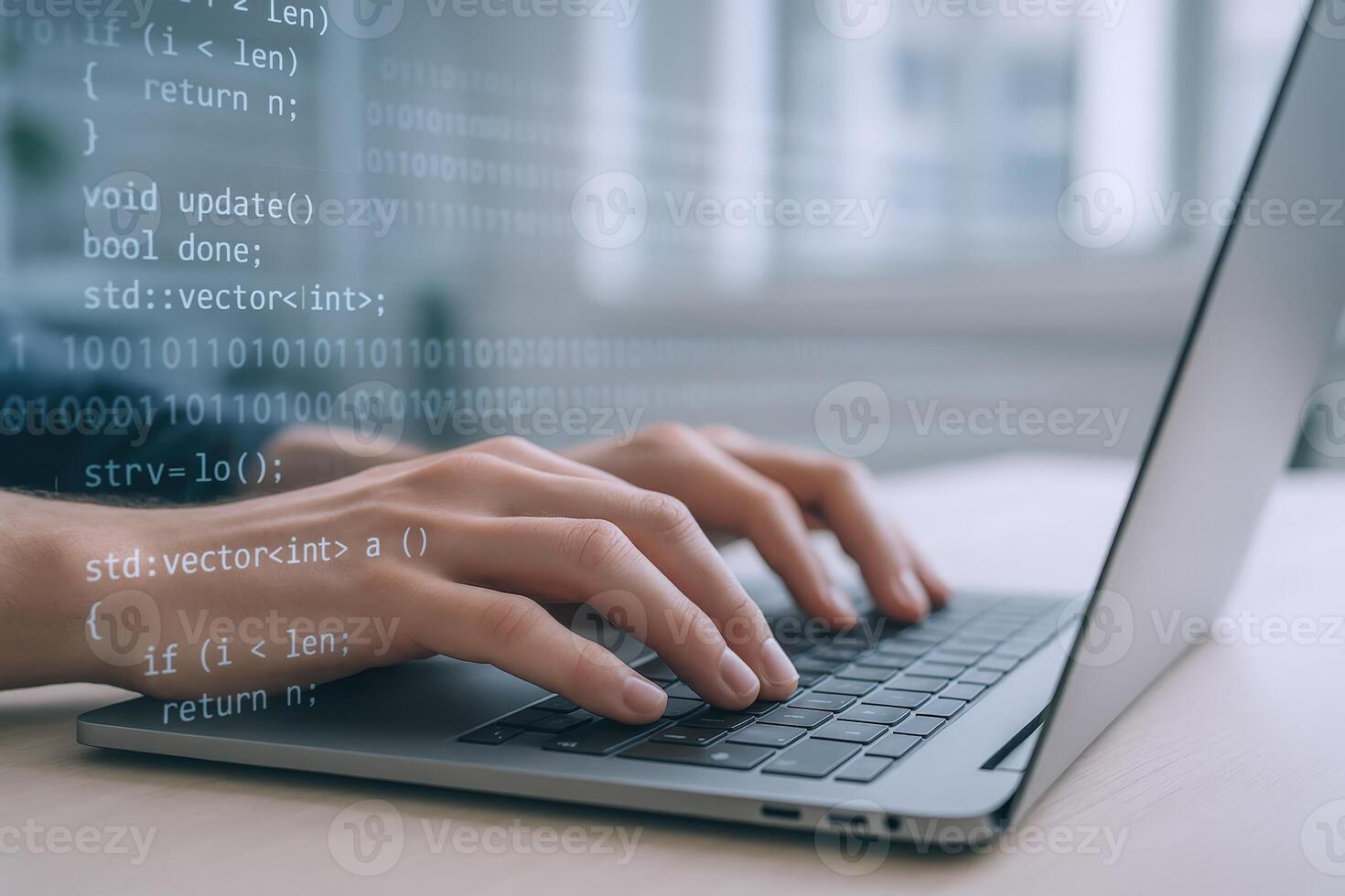 Software developer coding on laptop, creating innovative technologies with programming language for applications and website development photo