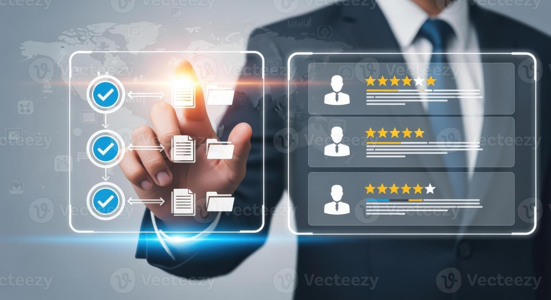 Man Interacting with Digital Interface Displaying Workflow Approval and Customer Satisfaction Ratings, Modern Business Technology photo