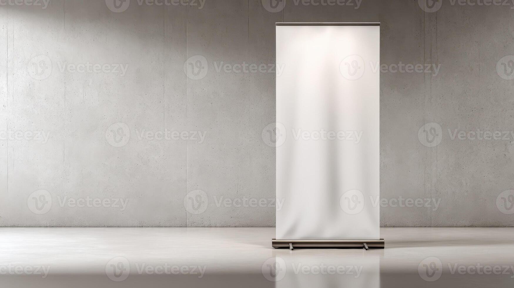 Blank Roll-Up Banner Stand Mockup Template on Simple Concrete Background for Advertising and Display in Interior Design photo