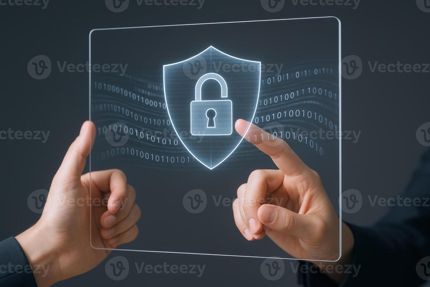 Data Protection Concept Hand Touching Virtual Shield with Lock Symbol on Transparent Screen photo