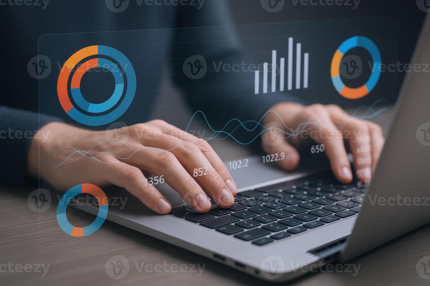Analyzing Financial Data on Laptop with Graphs and Charts Overlay, Business Intelligence and Reporting photo