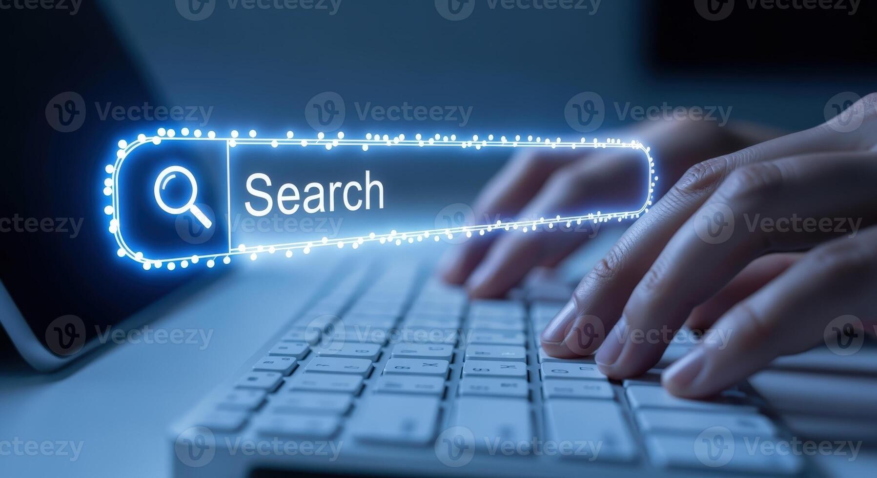 Hands Typing on Keyboard with Glowing Search Bar Overlay for Internet Concept photo