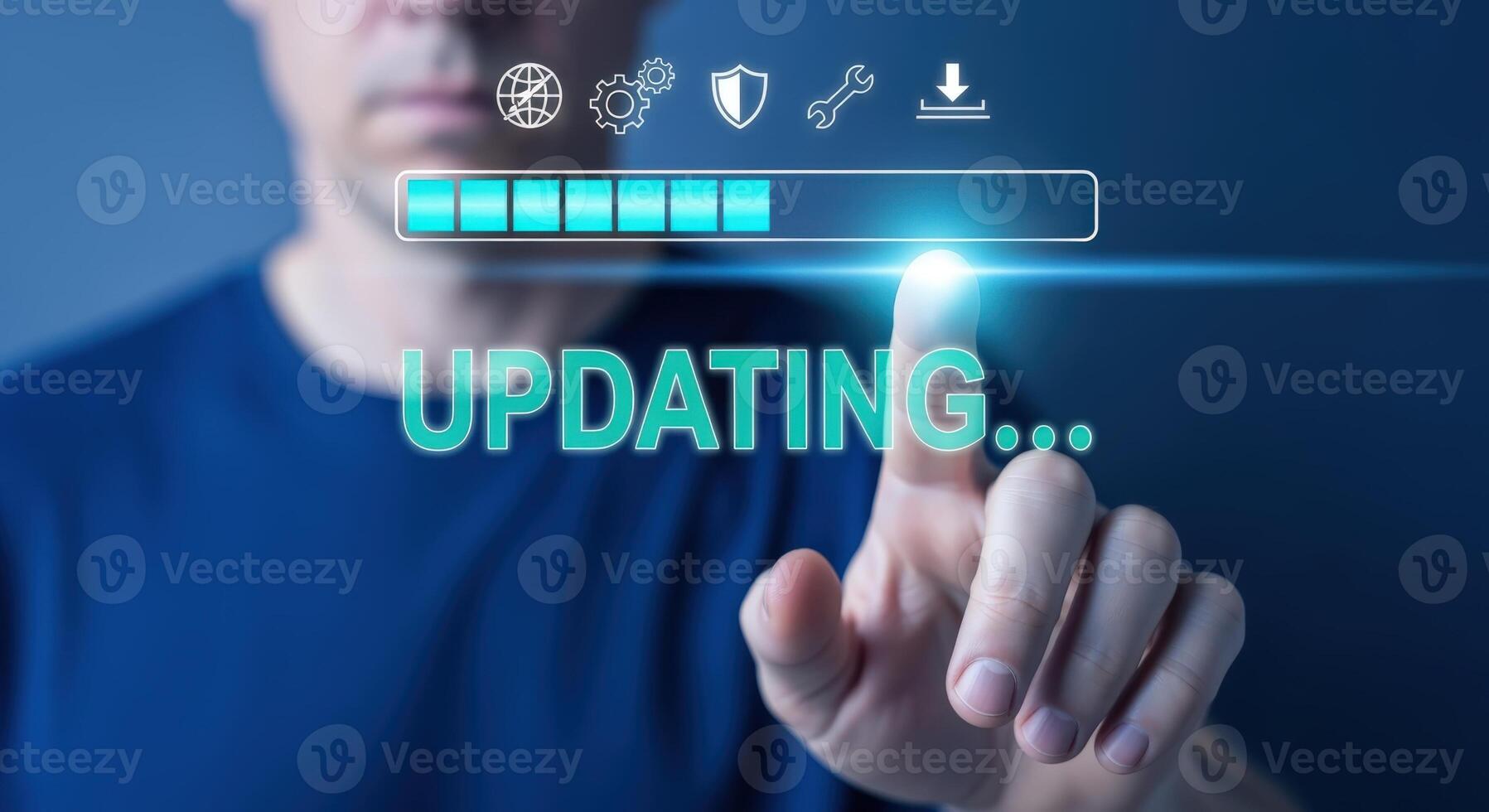 Software Update Concept Man Interacting with Digital Progress Bar for Installation and System Upgrade photo