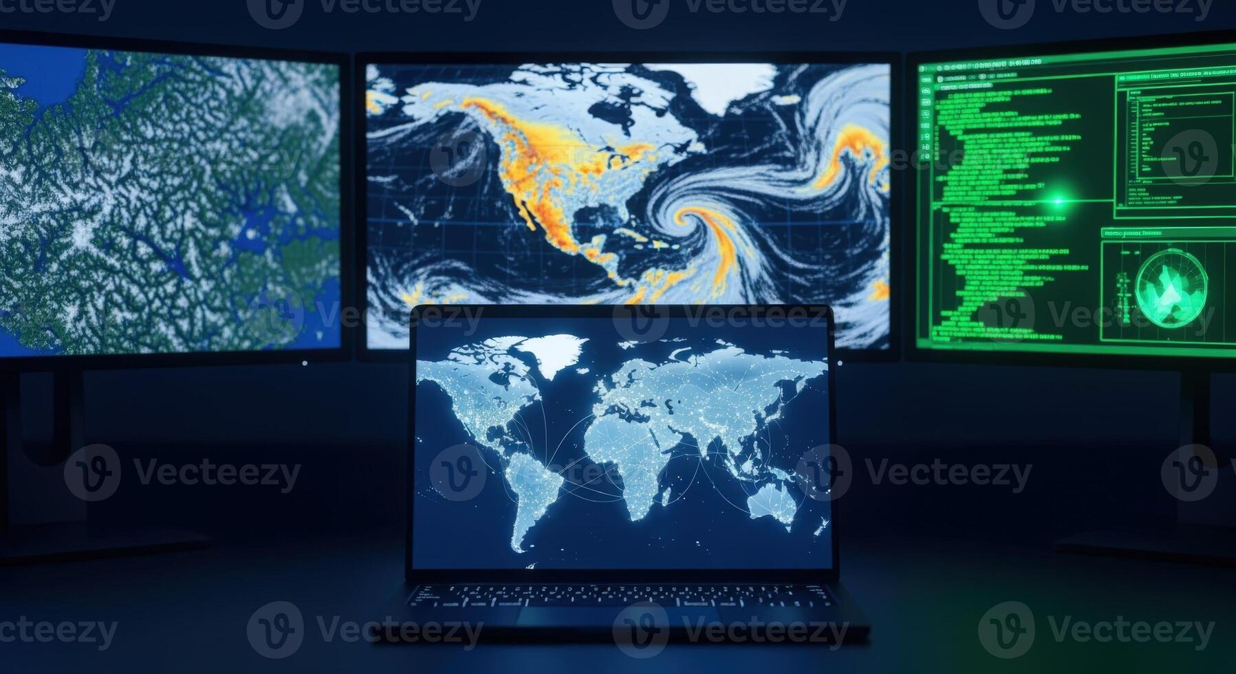 Global Network Monitoring Laptop Displaying World Map Surrounded by Data Screens in a Dark Room photo