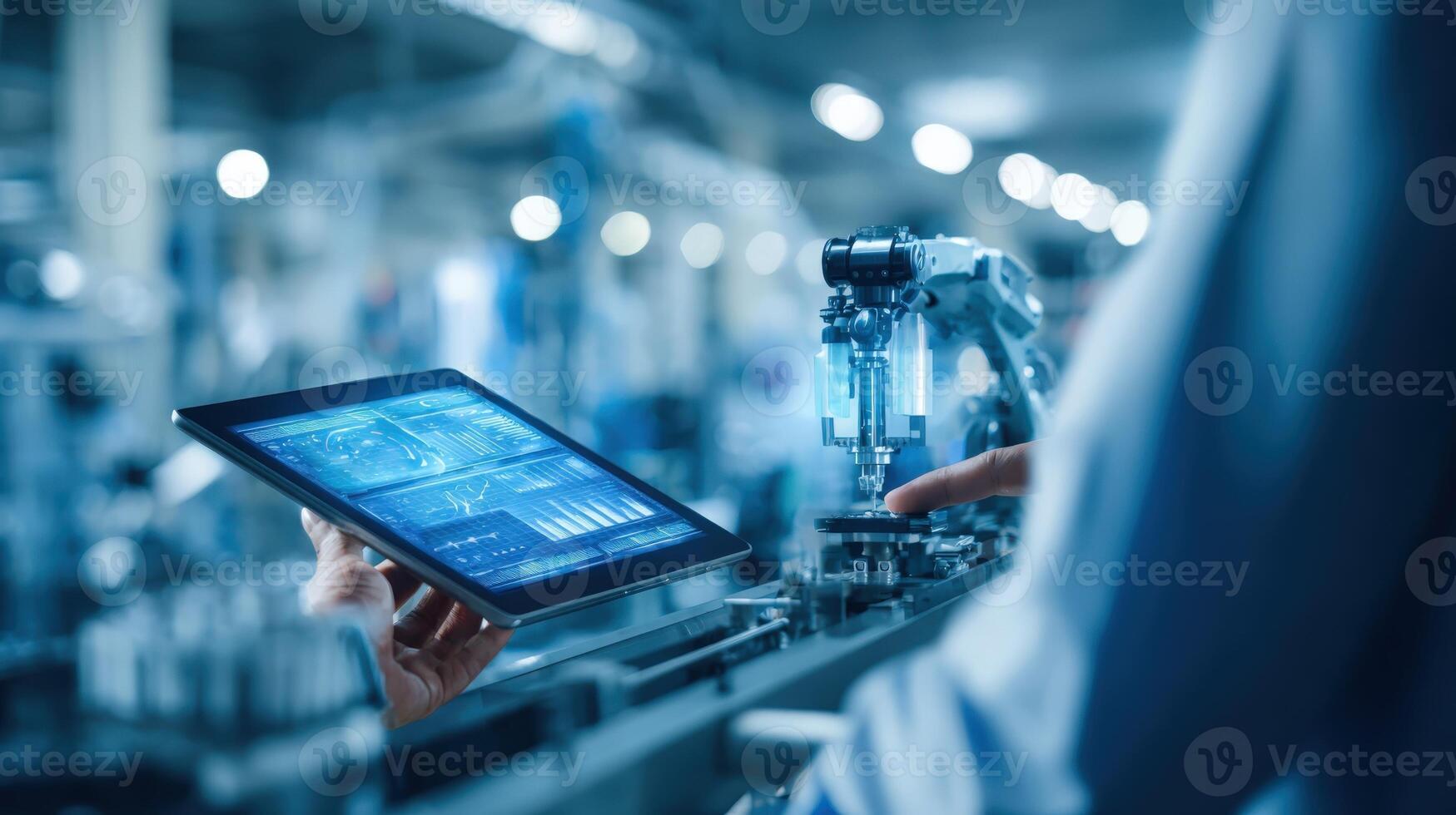 Engineer Overseeing Automated Robotic Arm Operation Using Tablet Display in Modern Industrial Factory Setting photo