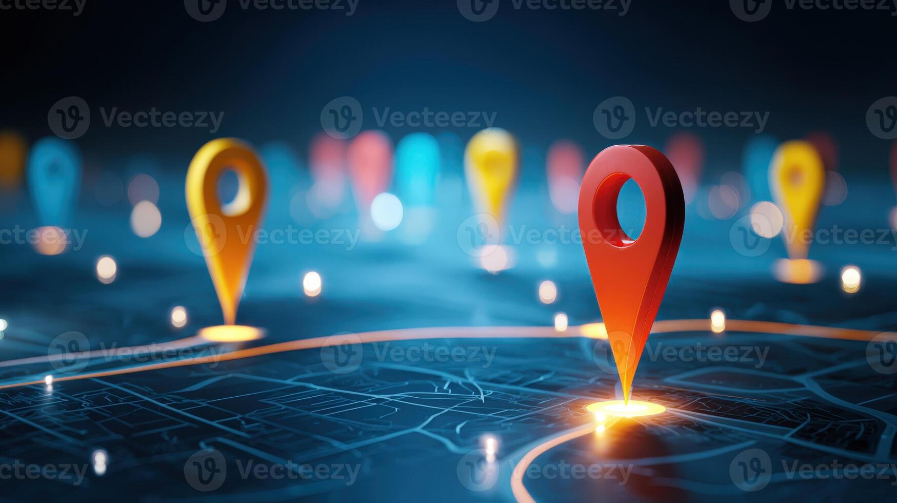Location Pins on a Digital Map Interface Displaying Navigation, Connectivity, Global Positioning and Cartography photo