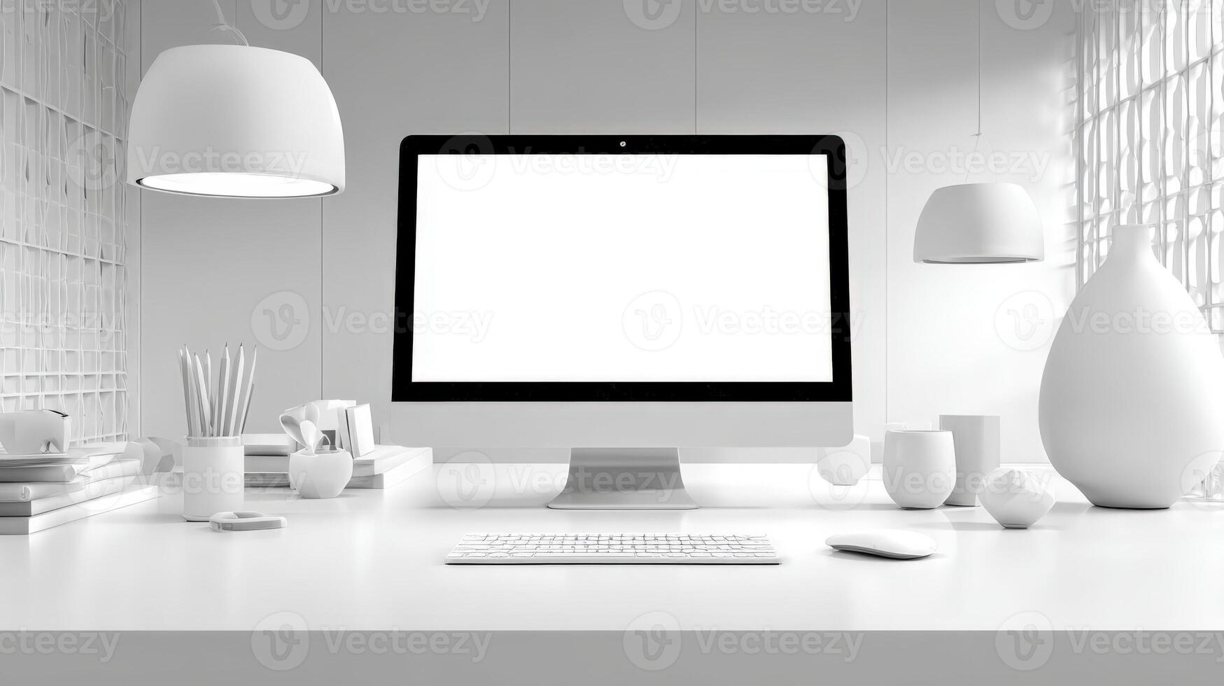 Minimalist White Workspace with Computer Display, Keyboard and Decorations for Creative Professional, Mockup Template photo