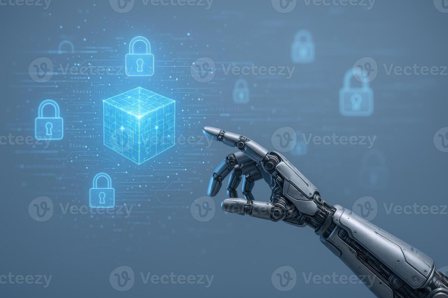 Cybersecurity Innovation Robotic Hand Interacting with Encrypted Data Cube and Padlock Icons in a Digital Realm photo