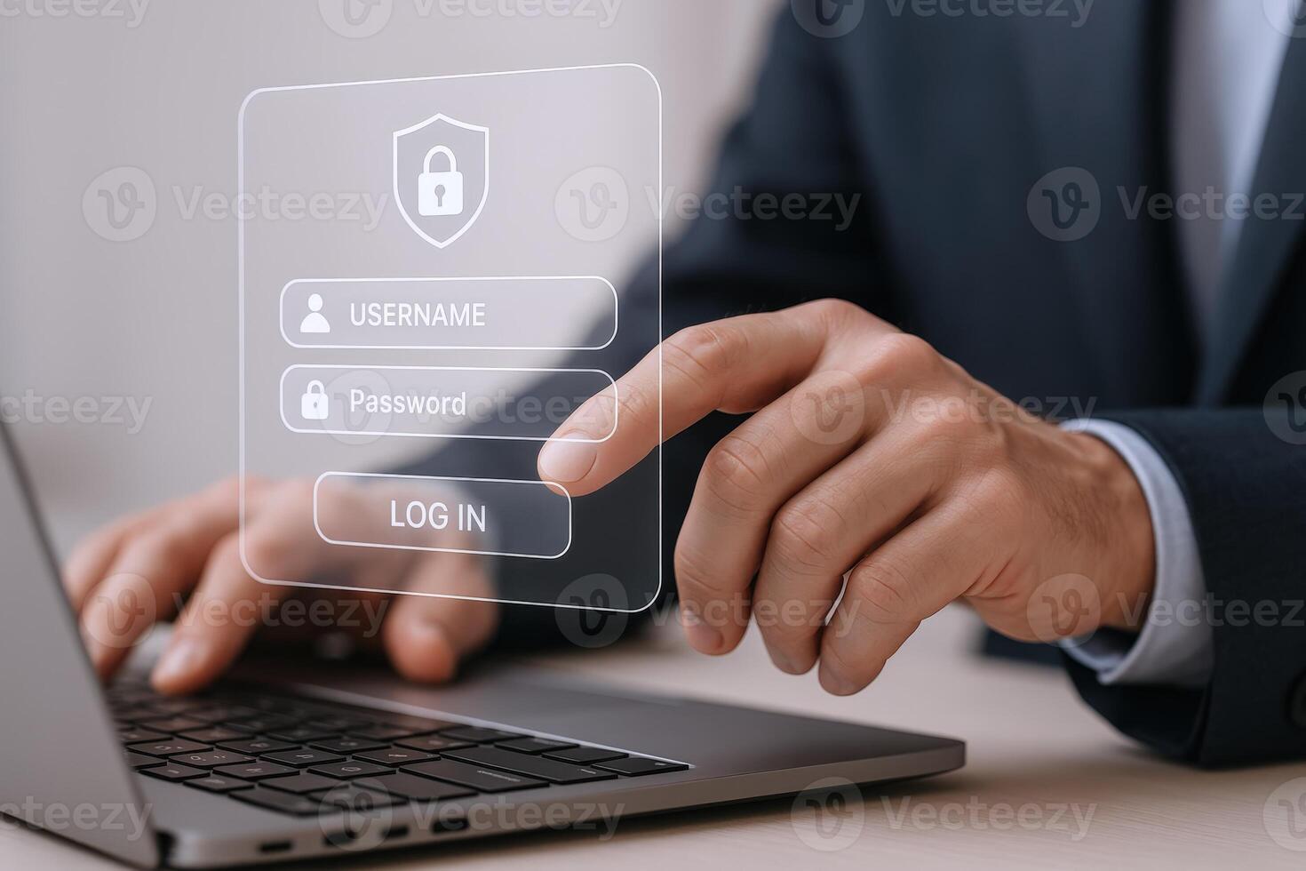 Secure Login Access Man Enters Credentials on Laptop for System Authorization and Data Protection photo