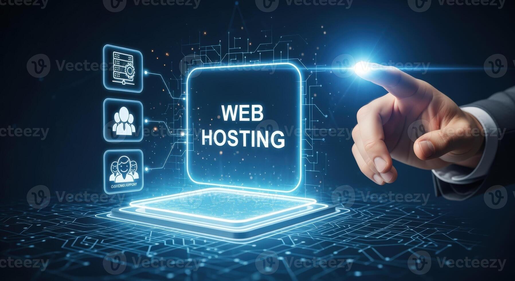 Web Hosting Concept with Glowing Interface and Hand Touching Screen, Representing Technology and Digital Solutions photo